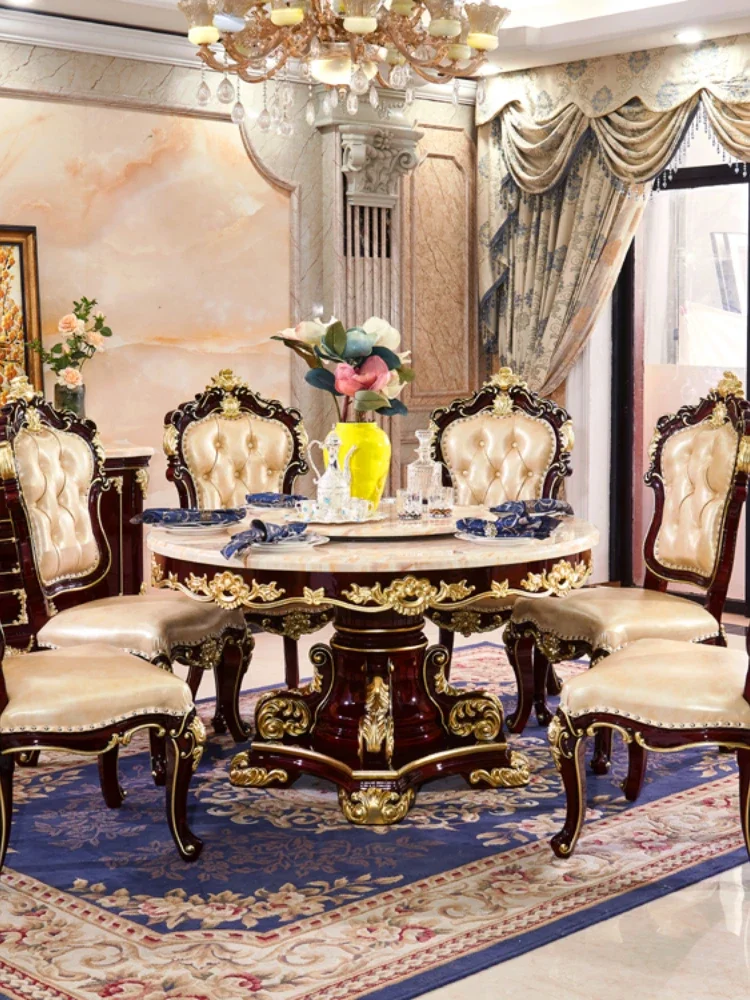 Dining Table Rotating round Table Red Sandalwood Gold Marble Top Dining Table and Chair