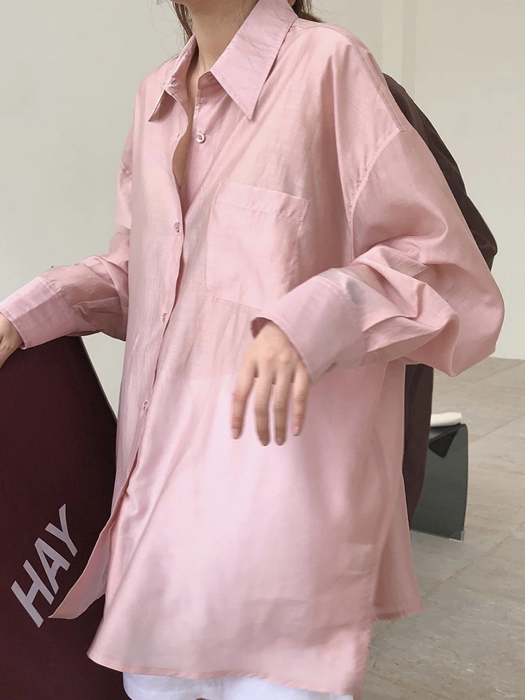 CHICEVER Solid Shirts For Women Lapel Long Sleeve Patchwork Pockets Single Breasted Minimalist Blouses Female Clothing Fashion