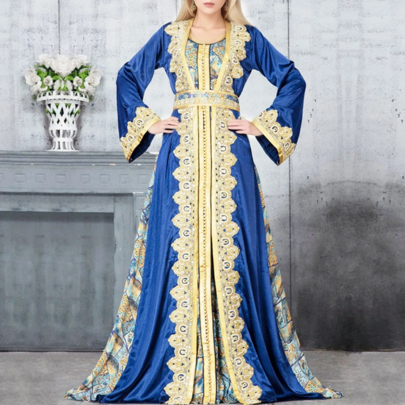 Moroccan Party Kaftan 2 Pieces Muslim Sets Women Dress+Belted Printed Abaya Ramadan Arabic Wedding Evening Dresses Abaya