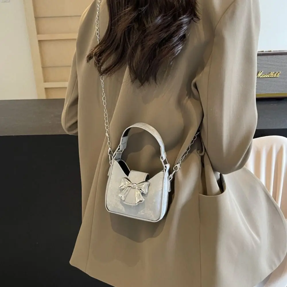 

Сумка-ведро из искусственной кожи с бантом и пряжкой, однотонная, серебристая, в корейском стиле, женская сумка через плечо, кроссбоди, косметичка