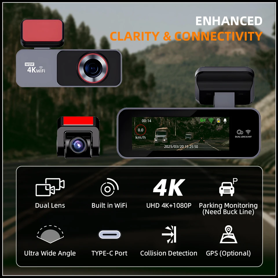 Acceo 4K Ultra HD Dash Cam Built-in WiFi Car DVR Recorder Support 1080P Rear Camera Dual Lens Night Vision 24H Parking Monitor
