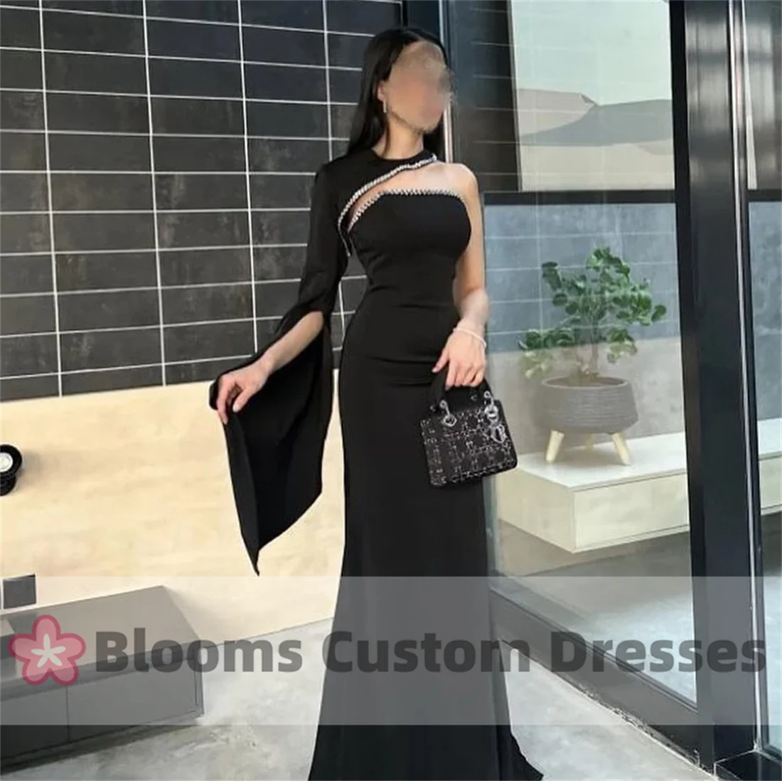 Blooms op maat gemaakte strapless zwarte feestjurk kralen een schouder lange mouw Saoedi-formele gelegenheid zeemeermin bruiloft galajurk