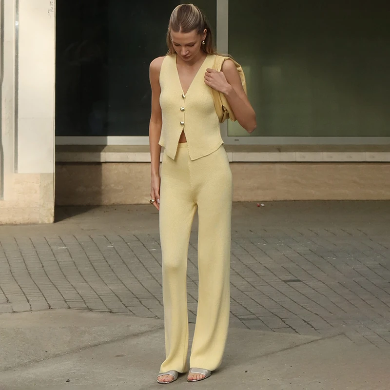 Tuularose V Neck Knitting Pants Set For Women Metal Buttons Sleeveless Top Straight Wide-Leg Pants Set Lady Beach Slim Pants Set