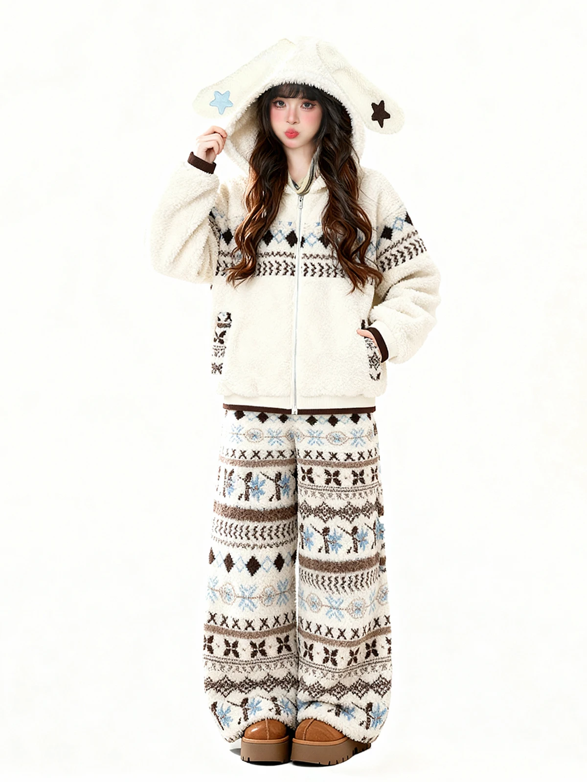 

Женский теплый зимний комплект ENJOG в стиле ретро: куртка из овечьей шерсти с ушками кролика и свободные брюки из хлопка, стандартная длина