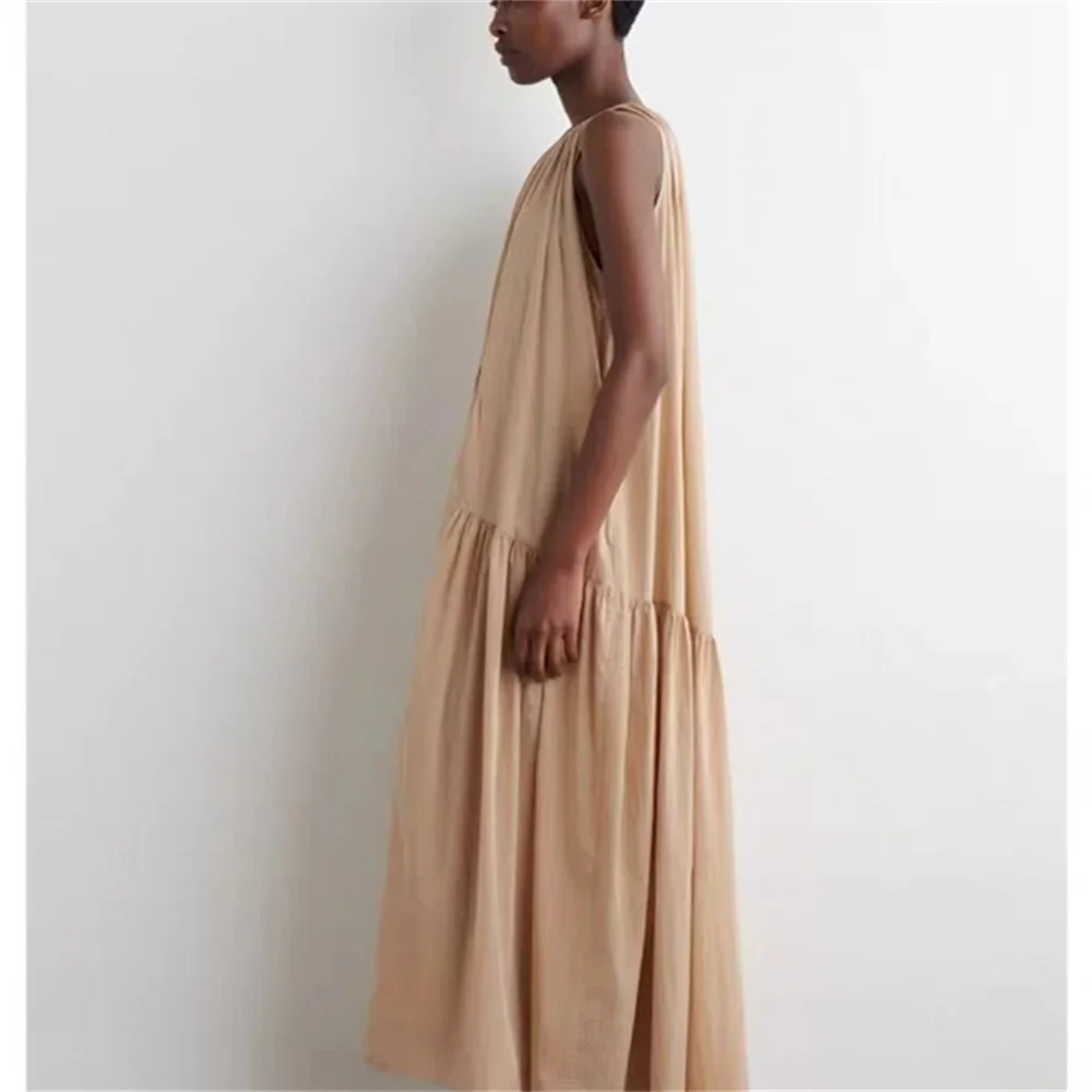 

Women's Loose Fit Sleeveless Pleated Midi Gown Halter Neck Long Dress for Ladies for Summer 2025