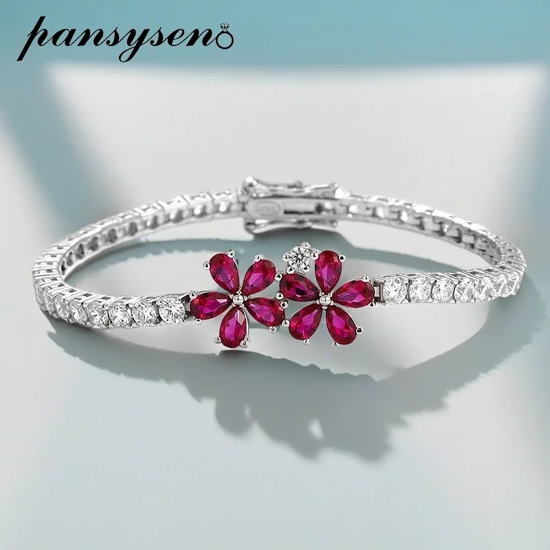 PANSYSEN Luxury 925 Sterling Silver Flower Shape Ruby High Carbon Diamond Wedding Party Women Charm Bracelets Wholesale