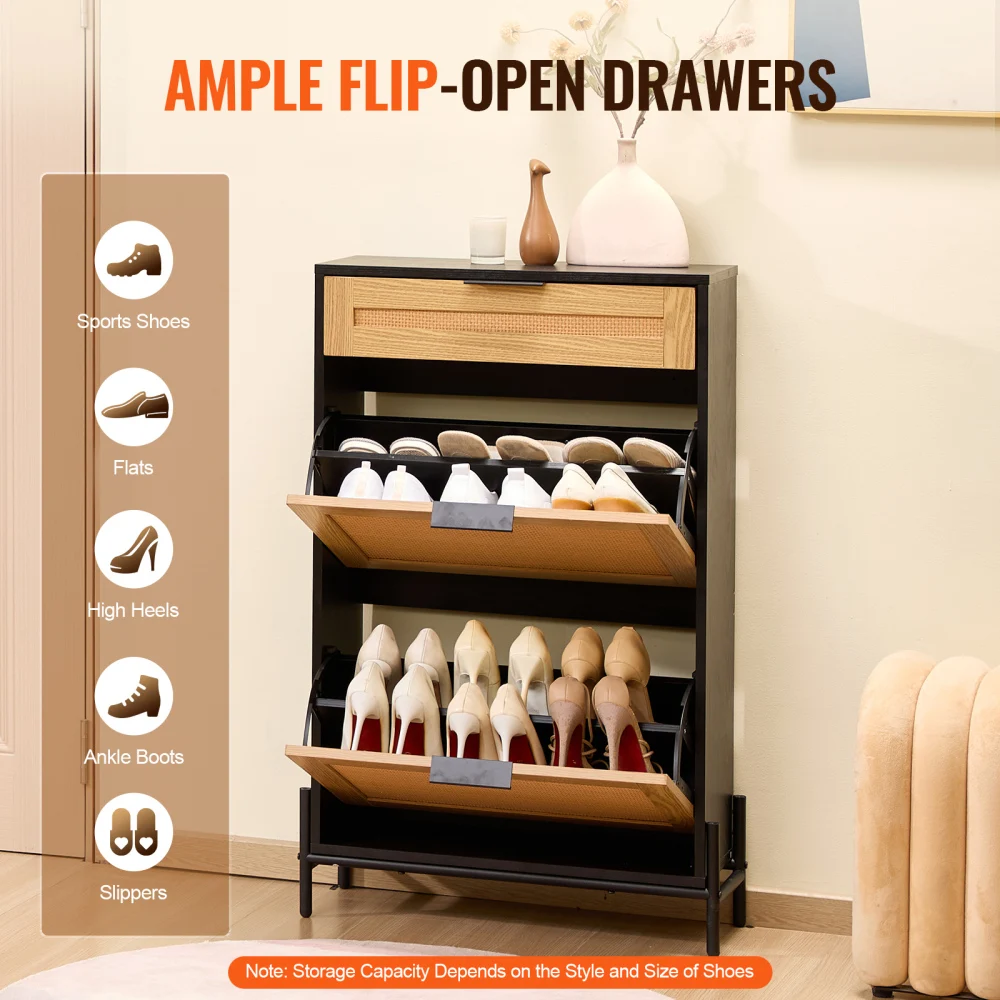 Narrow Rattan Shoe Cabinet with 2 Flip Rattan Drawers and 1 Slide Drawer Metal Legs Slim Entryway Shoe Storage Organizer for Hallway Closet