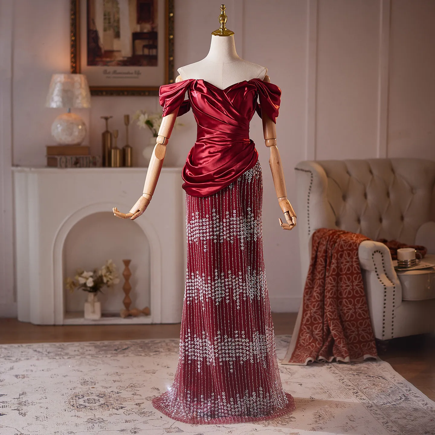 Vestido de noche de Arabia Saudita, vestido de fiesta color burdeos, vestido de fiesta negro estilo sirena, vestido largo de satén con cuentas
