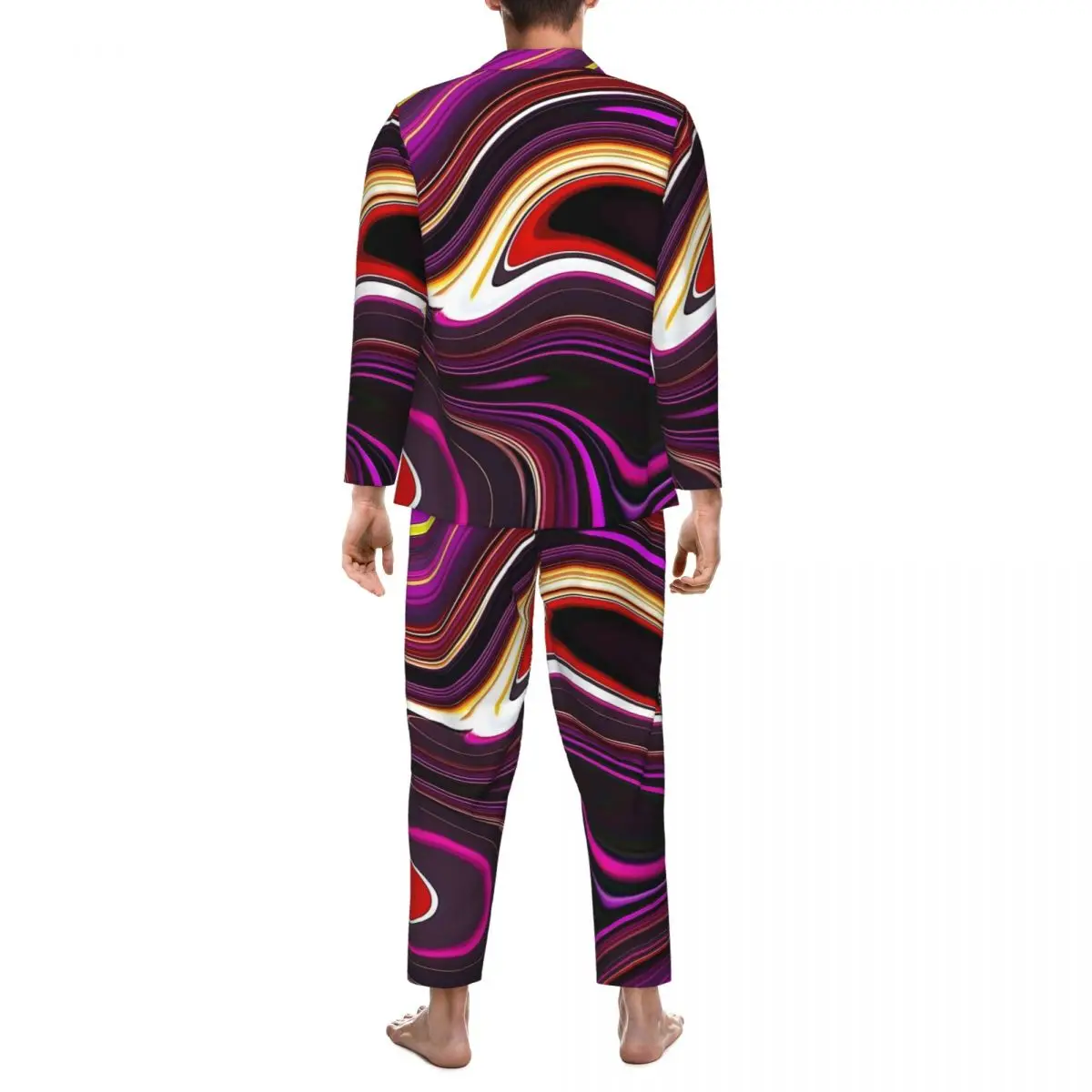 Purple Liquid Paint Marble Print Pajamas Set Comfortable Sleepwear Man Long-Sleeve Vintage Leisure 2 Piece Nightwear Plus Size