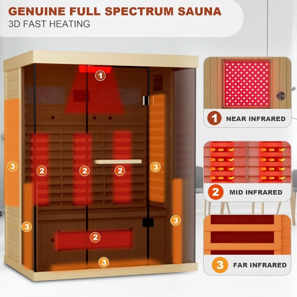 Full Spectrum Infrared Sauna, 2-3 Person Home Sauna, Indoor Spa Sauna with Resonance Speaker, Panoramic Tempered Glass Door