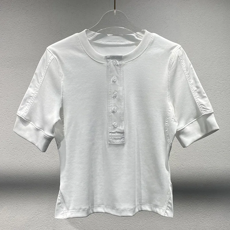 

2025 New Style White Single-Button Knitted Short-Sleeved T-Shirt Round Neck Women's Blouse y2k