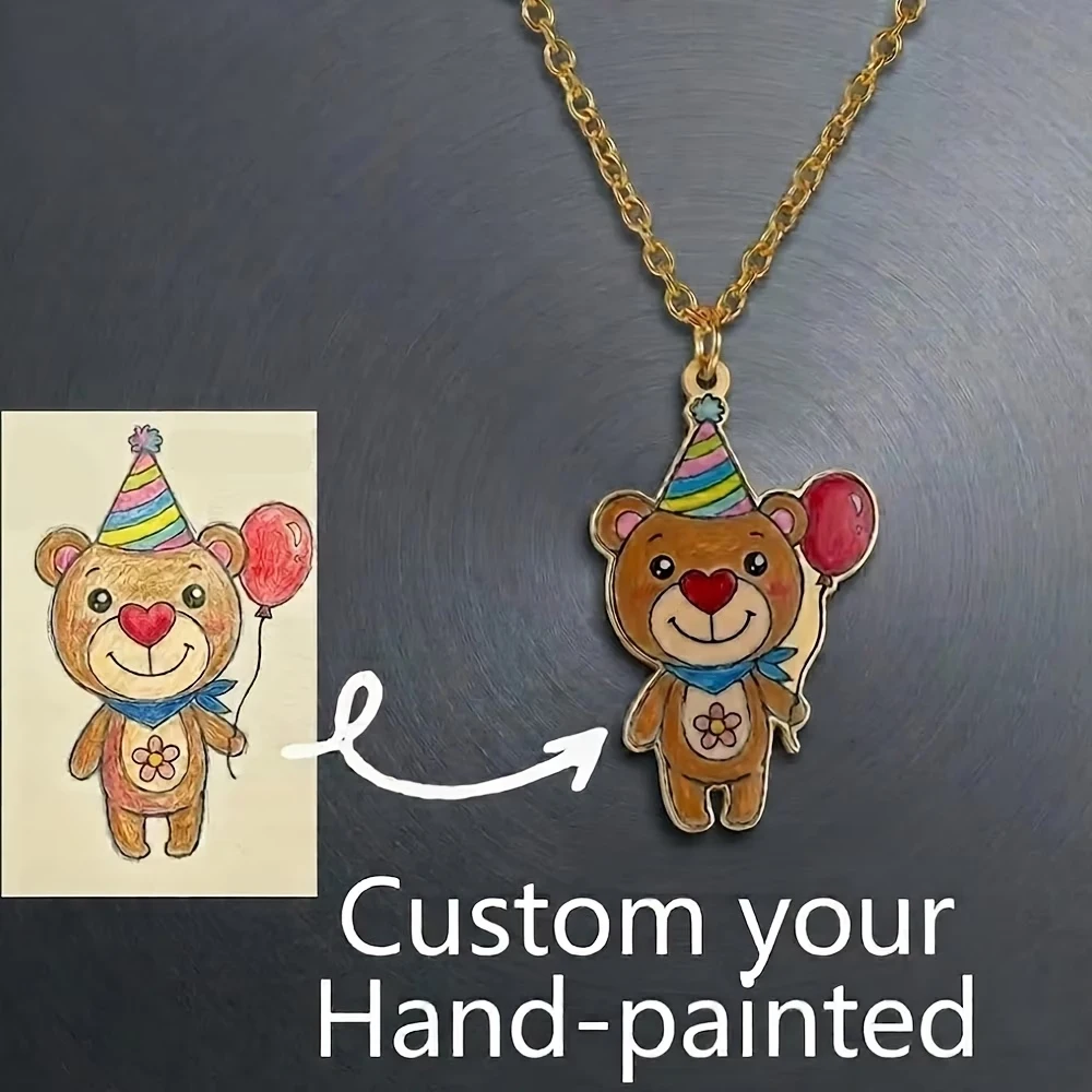 Acheerup Personalized Custom Kid Colorful Hand-painted Drawing Necklace for Women Stainless Steel UV Printing Chain Jewelry Gift