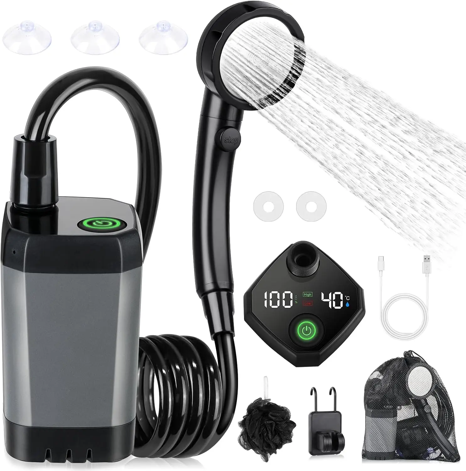 

Portable Camping Shower with 6000mAh Battery, LED Display, 4 Modes, IPX7 Waterproof for Outdoor Travel