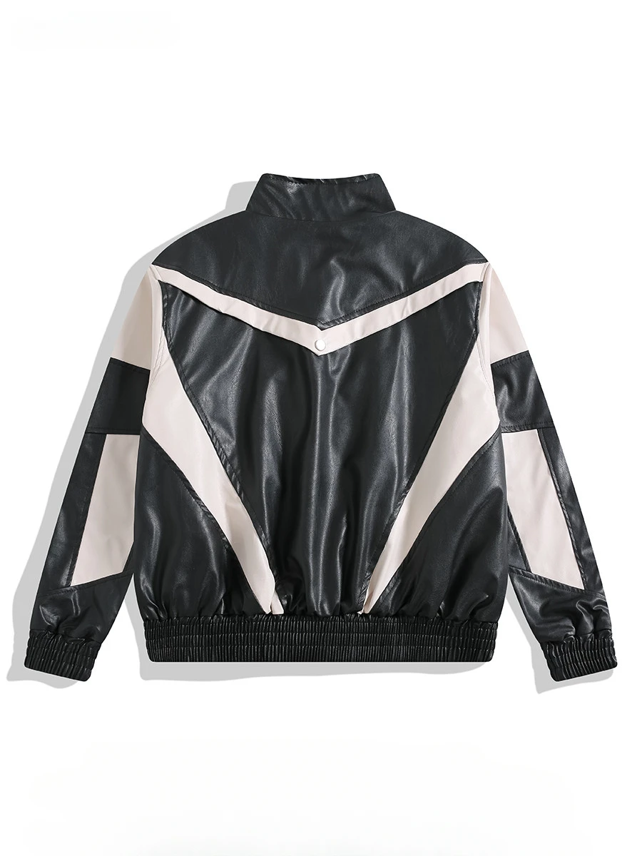 Men's European American Motorcycle Short Leather Jackets Trendy Street Contrast Color Hip Hop Handsome Racing Casual Zipper Coat