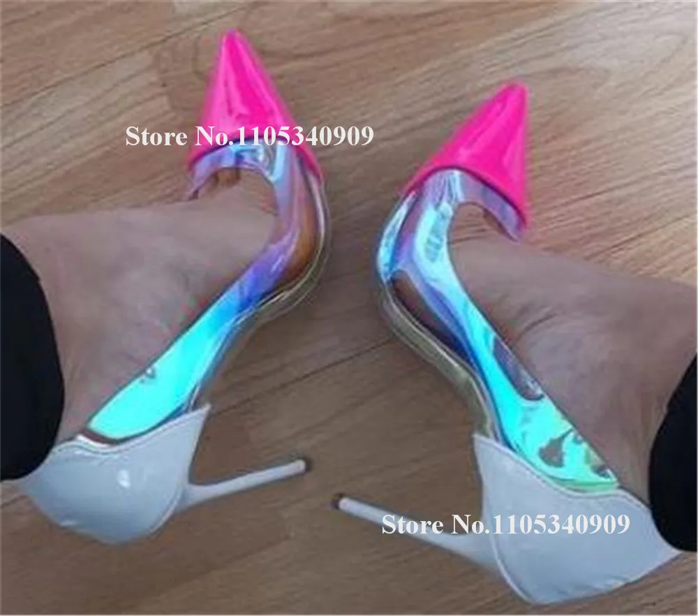 

Bondarenko PVC Patchwork Patent Leather Stiletto Heel Dance Shoes Pointed Toe Pink Blue Thin Heel 12cm Wedding Pumps