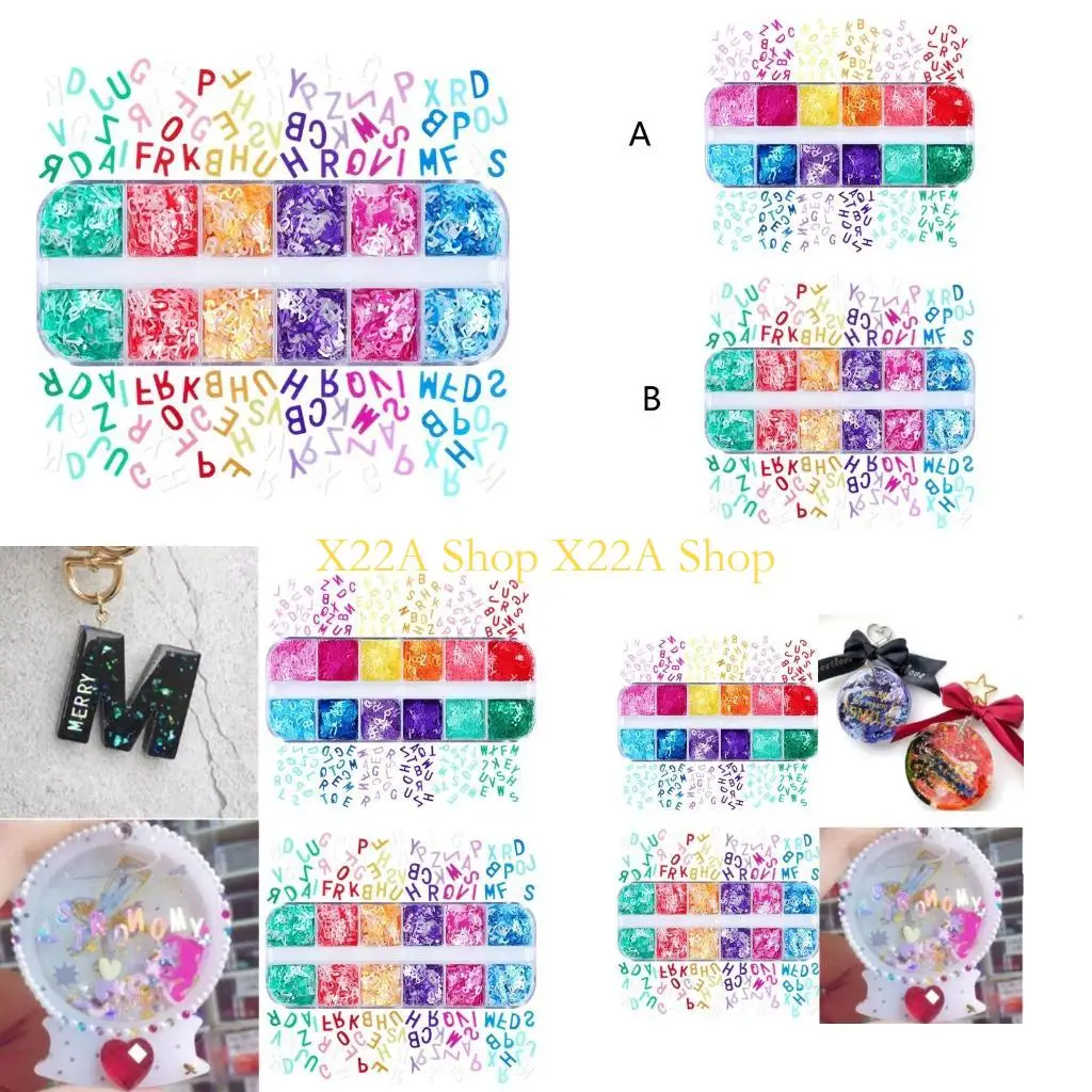 Unique 12Grids/Box English Letters Glitter Sequins Flakes Resin UV Epoxy Mold Fillings Art Decorations DIY Crafts Jewelry