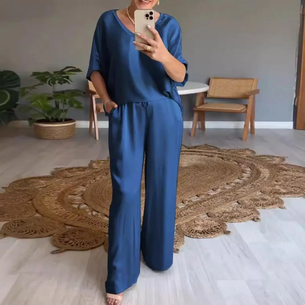 Plain V Neck Top Pullover and Wide-leg Pants Outfit Sets for Women Spring Loose Satin Suit Summer Short Sleeve T-shirt Two Piece