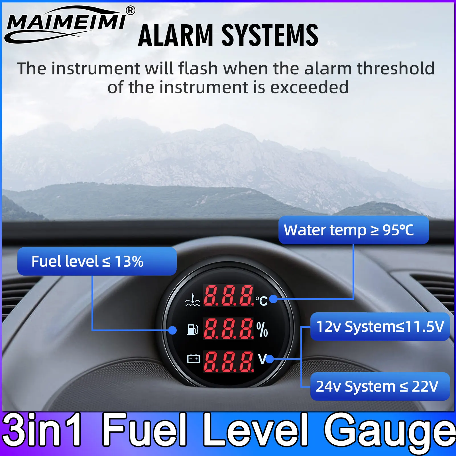 

Waterproof 52mm Digital 3 in 1 Multi-Function Gauge Fuel Level Water Temperature Voltmeter Red Backlight for Car Boat Yacht