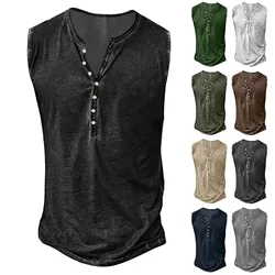 Vintage Print Wash Vest Men Sleeveless Shirts Button V Neck Tank Top Mens Clothing Summer Streetwear Casual Fitness Shirts Tops