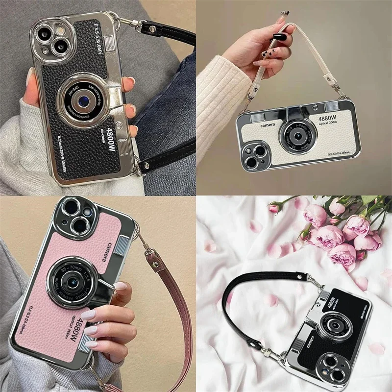 Klassische Emily in Paris Kamera-Handyhülle mit Trageriemen für iPhone Air 17 16 15 14 13 12 Pro Max Plus 17Pro Rosa Leder-Handyhülle – Detail 2