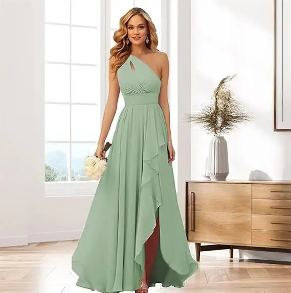 

One Shoulder Ruched A-Line Modern Chiffon Long Formal Evening Dress Floor Length Sexy Wedding Guest Mother Of The Bride Dress