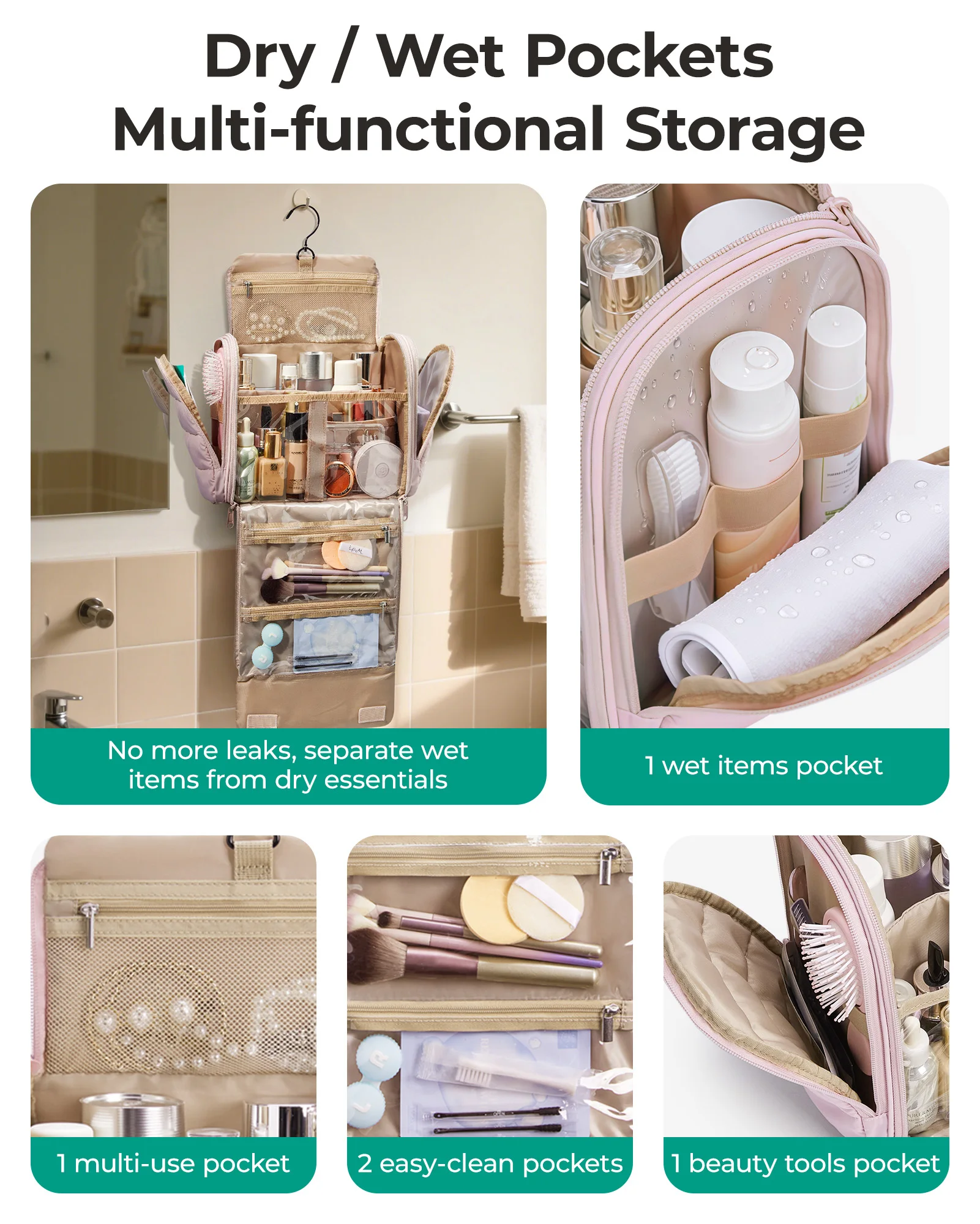 BAGSMART Borsa da toilette da donna con gancio per appendere Borsa cosmetica per trucco gonfio resistente all'acqua per accessori Contenitore per shampoo Toilette
