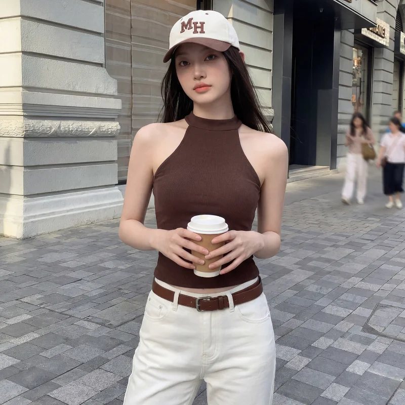 Dopamine Design  Short Hanging Neck Strap Vest Women's Season New Versatile Slim Fit Small Top Casual round Neck Poly...