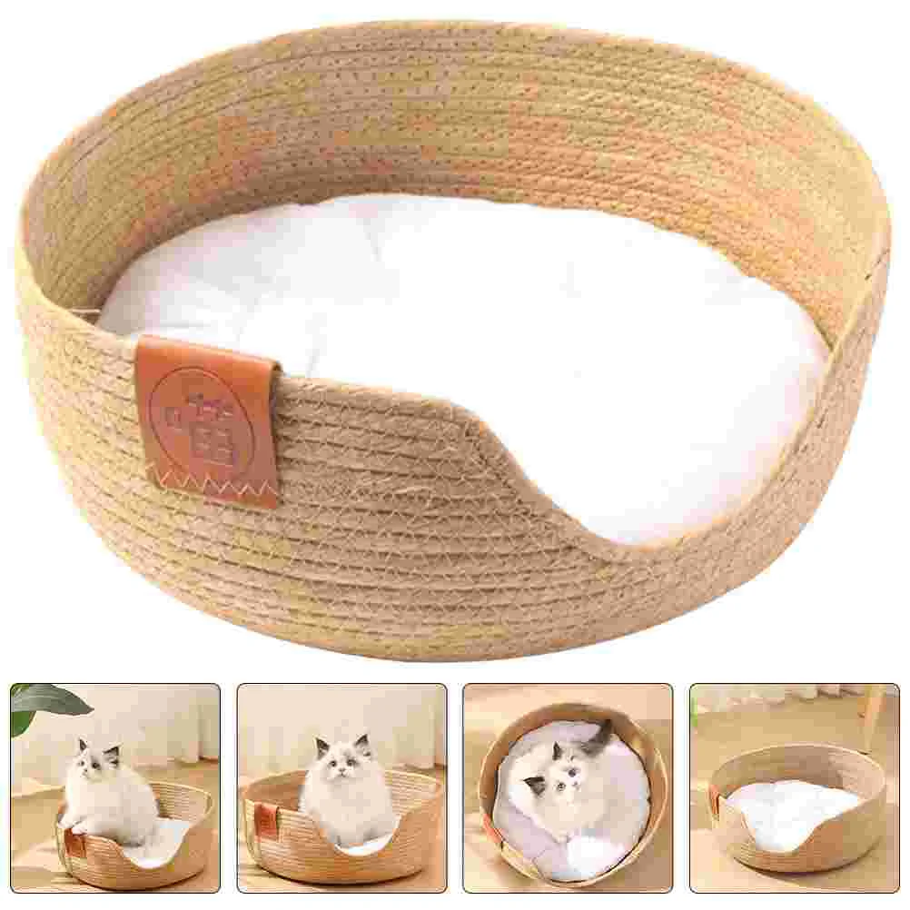 Cat Rattan Bed Dog Beds Straw Nest Cot Houses Woven Breathable Pet Cattail Grass