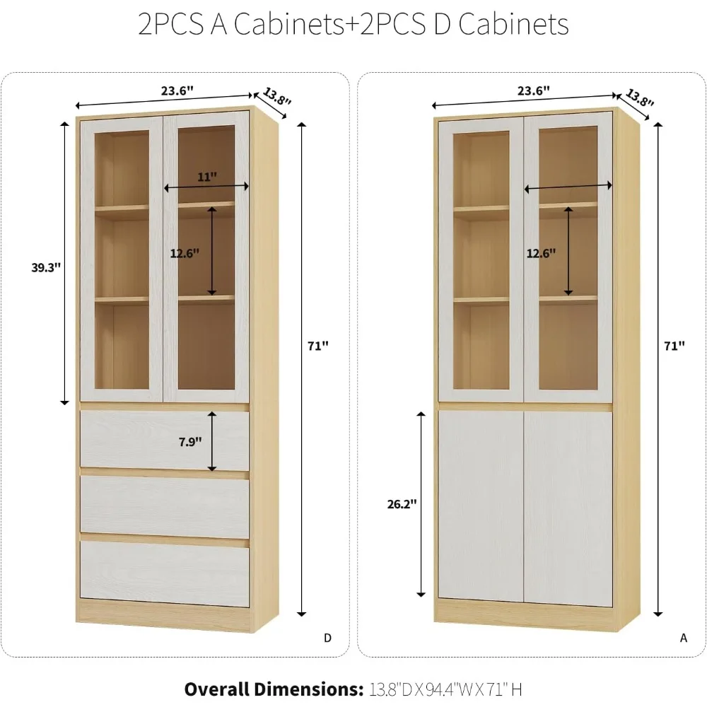 4PCS Vertical File Cabinet, 5-Tier Modern Bookshelf with 3 Large Drawer, Glass Display Cabinet with Lager Storage Shelf