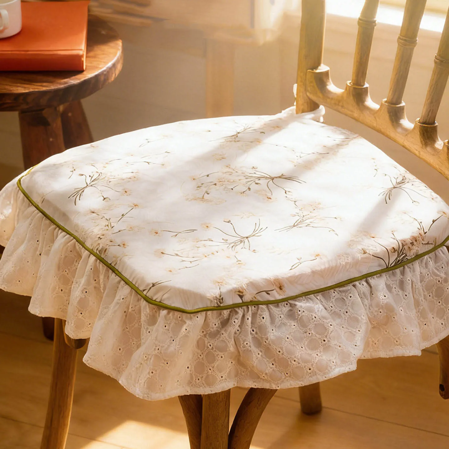 Korean Style Thicken Dining Chair Cushion Vintage Ruffled Strap Seat Cover Floral Office Seat Cushion Removable And Washable