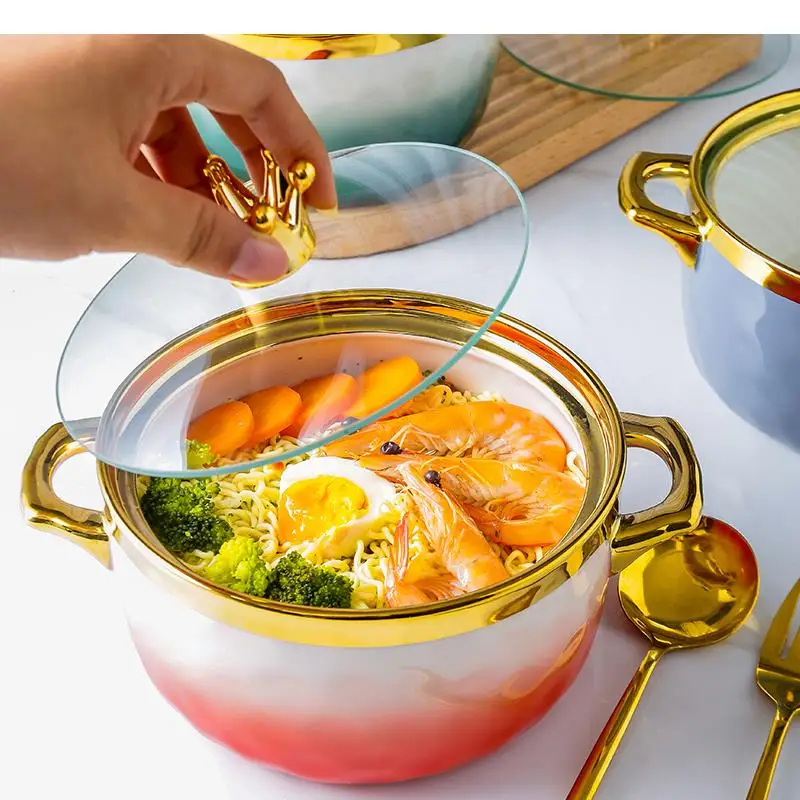 Ceramic Ramen Instant Noodles Bowl Glass Lid Fruit Salad Mixing Bowls Minimalist Home Kitchen Tableware Soup Basin Serving Plate