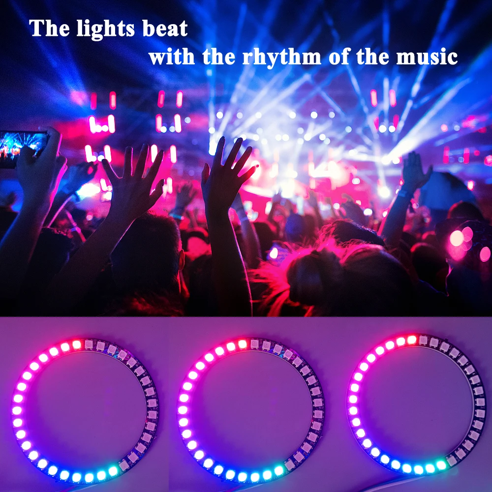 Music Rhythm LED Ring Light 5V WS2812 RGB Individually Addressable Light 24 35 45 LEDs with 17 Keys Music Controller