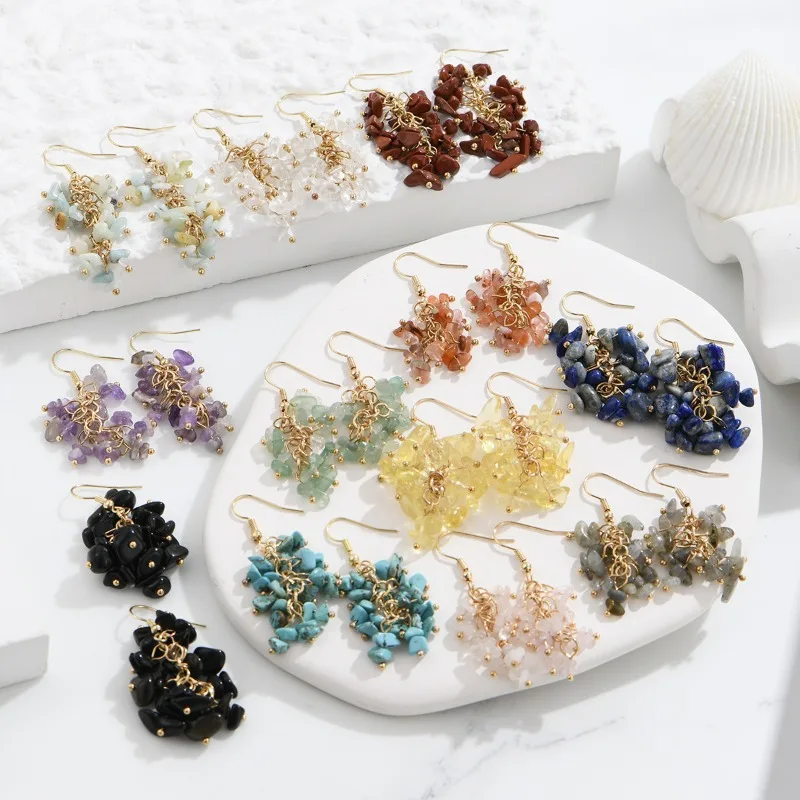 10pairs Natural Stone Crystal Grape Tassel Earrings Chip Gemstone Amethyst Lapis Tiger's Eye Rose Quartz Chakra Crystal Earring