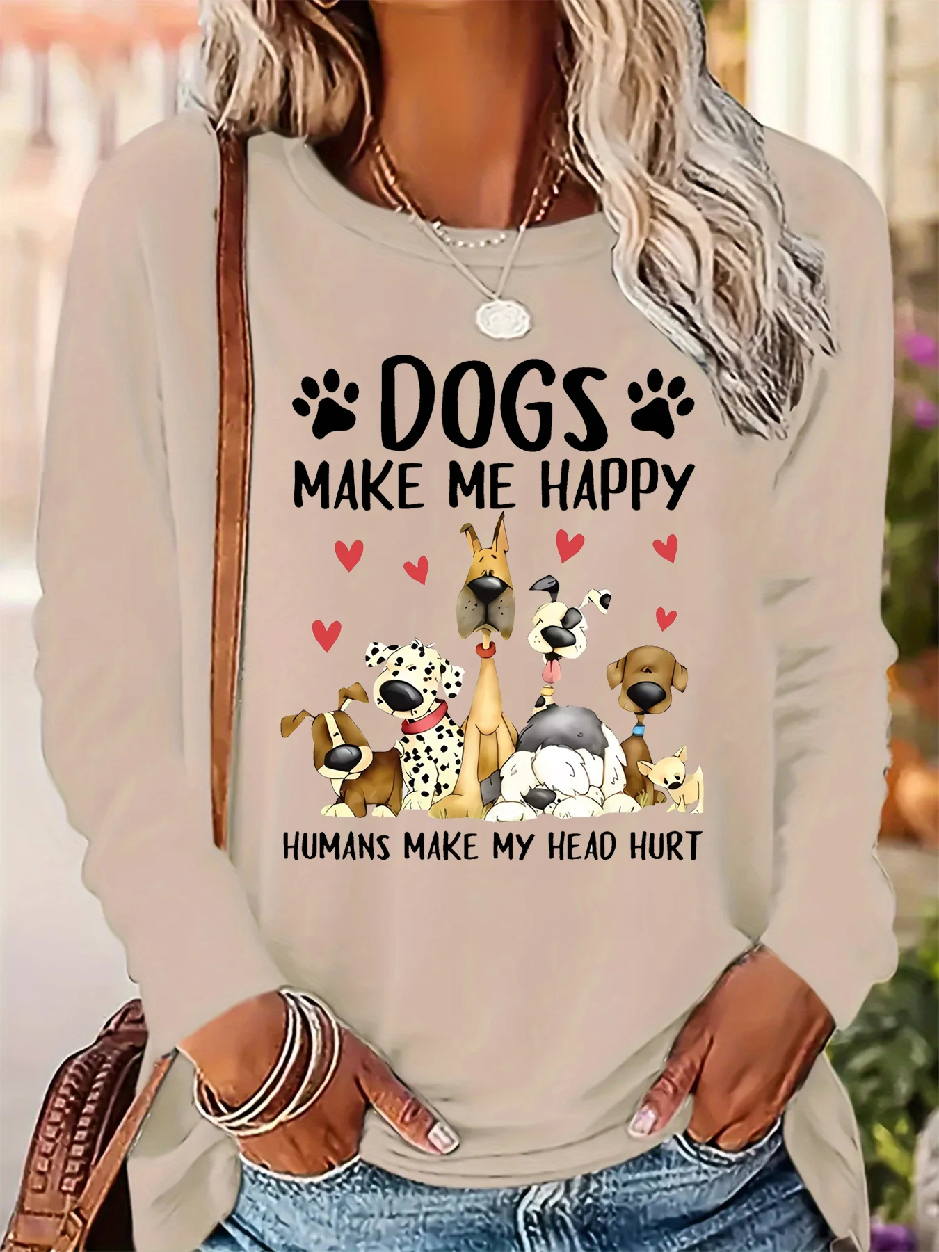 تي شيرت نسائي للربيع والخريف 100% من القطن الخالص عصري غير رسمي فضفاض بنمط حروف مطبوع برقبة دائرية وأكمام طويلة