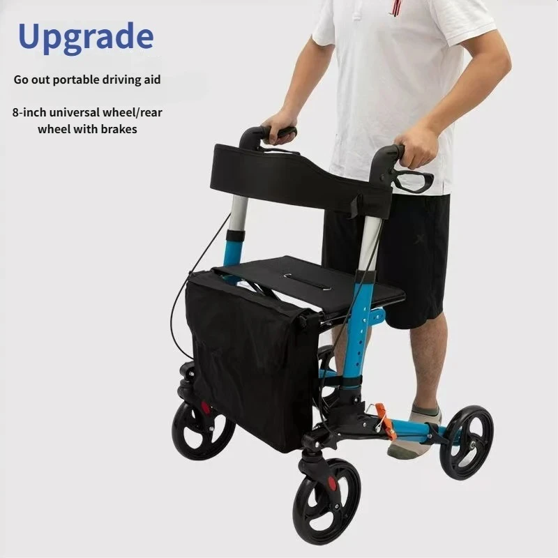 Four-legged Walking Assist Rollator Walker Aluminum Alloy Folding  Pulley Training Mobility Aid Small Wheelchair Walkers