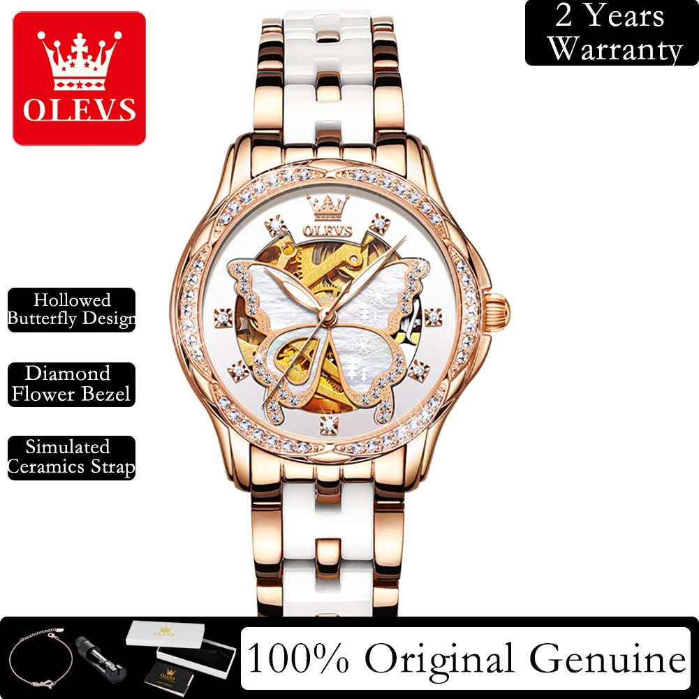 OLEVS Watches For Women Top Luxury Elegant Automatic Mechanical Wristwatch Diamond Butterfly Dial Ladies Waterproof Watches 6622