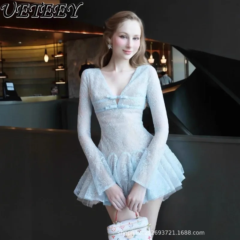 

Fashionable Lace Long Sleeve V-Neck Dress for Women Summer High-End Gentle Bow High Waist Slimming Party Short Dresses