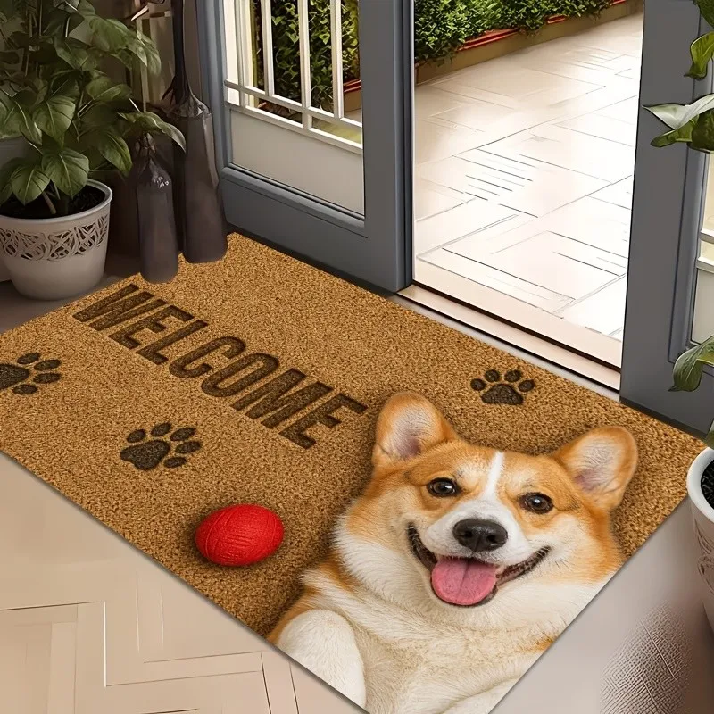 Welcome Corgi Doormat Cute Dog Paw Print Welcome Mat Red Ball Puppy Entrance Floor Rug Outdoor Indoor Door Mat For Home Decor