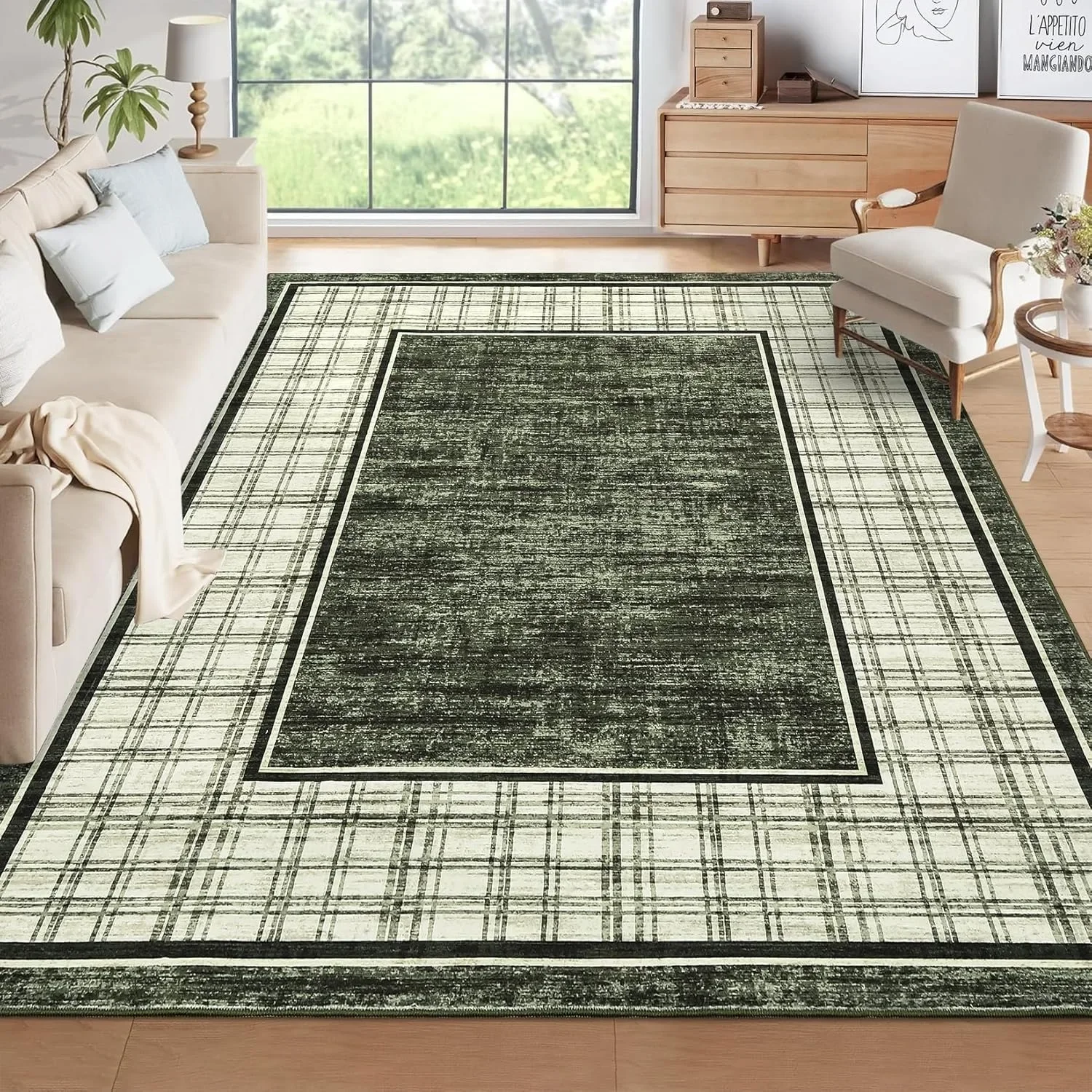 

Living Room Carpet Non-slip Machine Washable Easy To Fold Floor Mat Green Line Grid Rug Large Size Home Decoration Mats