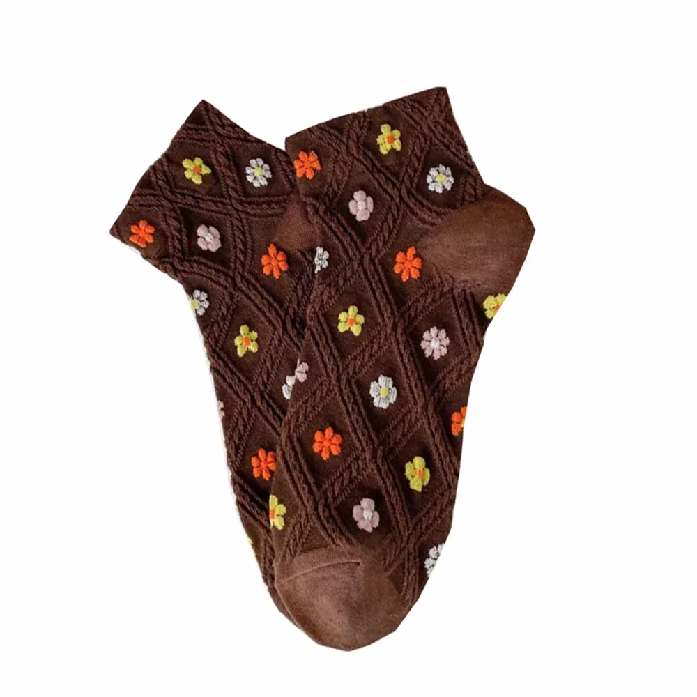 5 Pair Kawaii Small Flower Print Socks For Women Shallow Spring Summer Short Mouth Designer Brand Socks Woman Breathable Socken