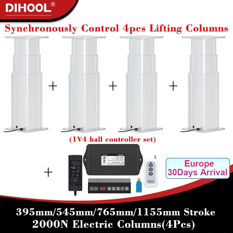 4Pieces Electric Lifting Columns with Synchronous Control Hall controller Set  395m/545mm/765mm/1155m Stroke  200kg Load