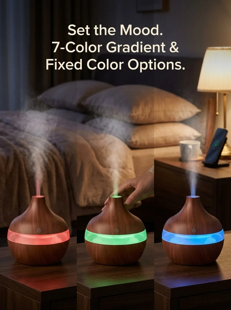 HONSUN Humidifier for Bedroom, 300ml Essential Oil Diffuser with 7-Color LED Night Light, Dark Wood Grain Ultrasonic Cool Mist Humidifier, Portable USB Desktop Aroma Humidifier with 4-Hour Auto Shut-Off, Compact Size for Home Office Spa