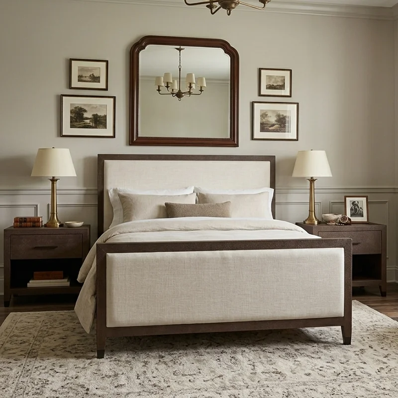 xx-RH CAYDEN CAMPAIGN FABRIC BED FOOTBOARD King Size Solid Oak Wood Frame Beige Upholstered Panels Traditional French Luxury Bed