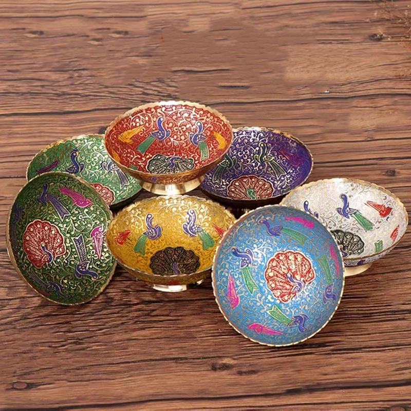 Brass Painted Drinking Bowl Auspicious Colored Peacock Tibetan Creative Holy Water Cup Buddhist Bowl Home's Gift Decorative