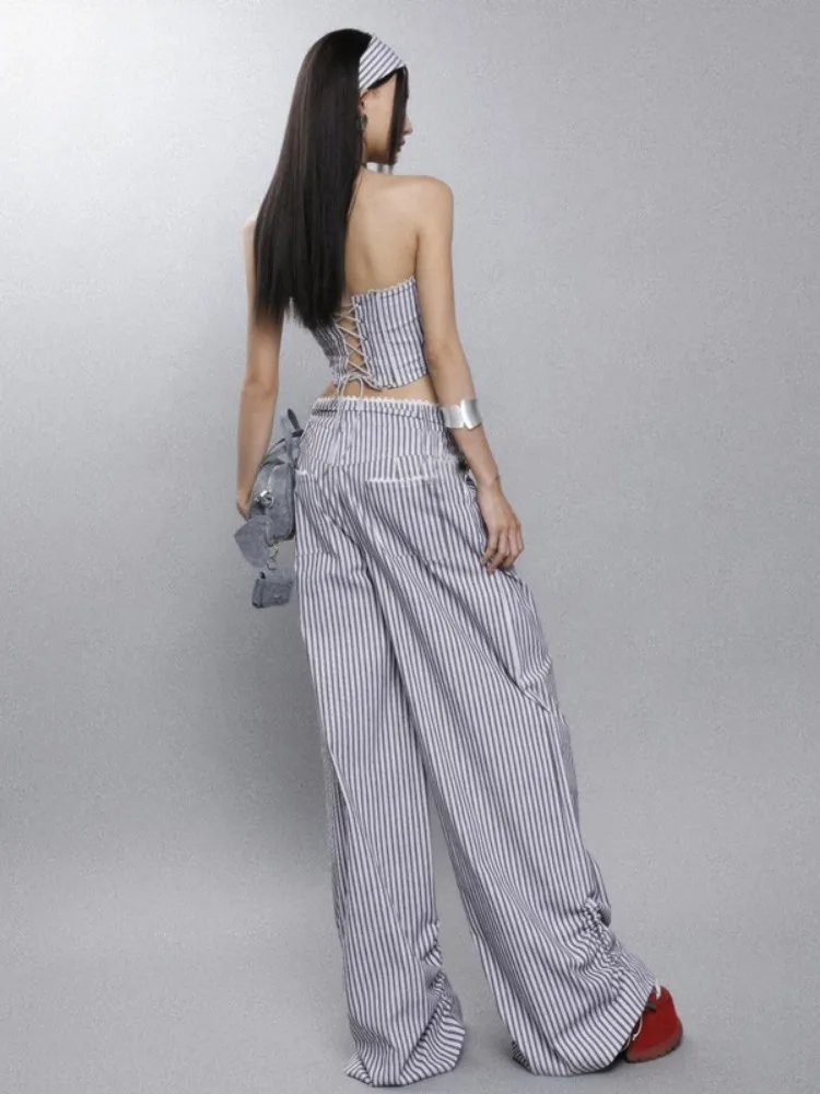 Harajuku Summer Loose Pants Vintage Vertical Stripe High Waist Lace Patchwork Womens Pant Y2k Aesthetic Casual Grunge Trousers