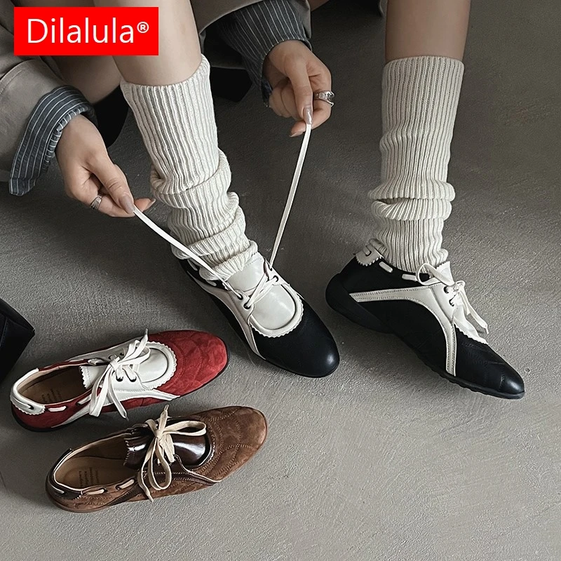 Dilalula 2026 Neweset Genuine Leather Mixed Color Pumps Young Women Lace Up Casual Dress Shoes Girls Daily Walk Leather Shoes