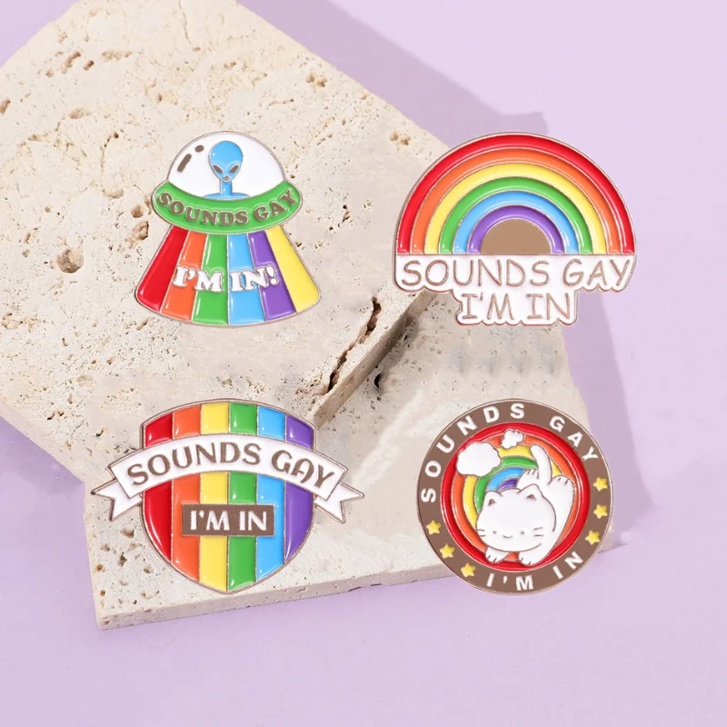 الغريبة UFO القط قوس قزح المينا دبابيس الأصوات مثلي الجنس أنا في LGBT فخر مخصص سبيكة شارة ظهره التلبيب بروش المجوهرات بالجملة هدية