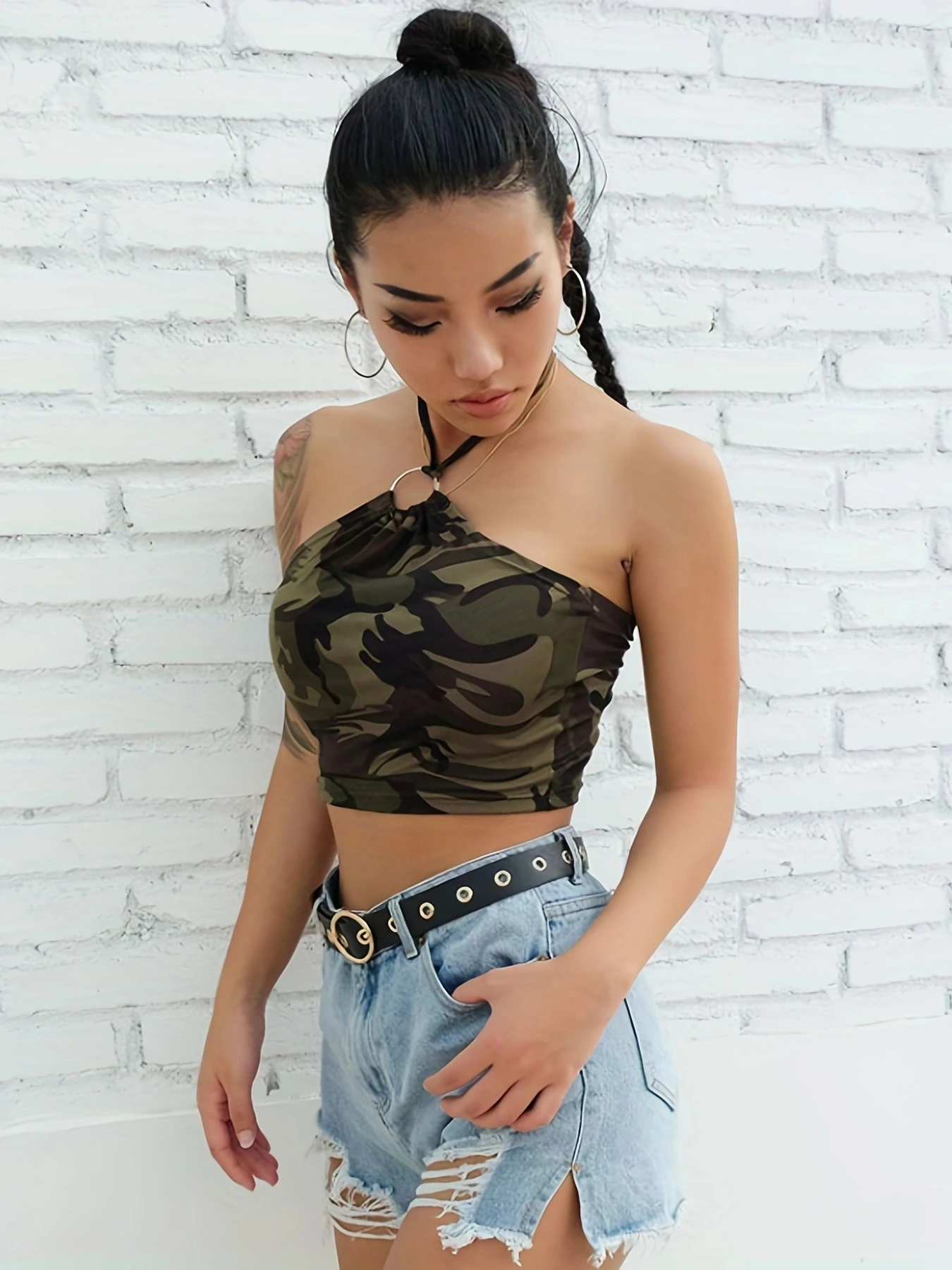 Europa und die Vereinigten Staaten Tarnmuster kleine Neck holder Weste weibliche Sommer Ernte zurück sexy Halfter ärmellose Bluse weiblich