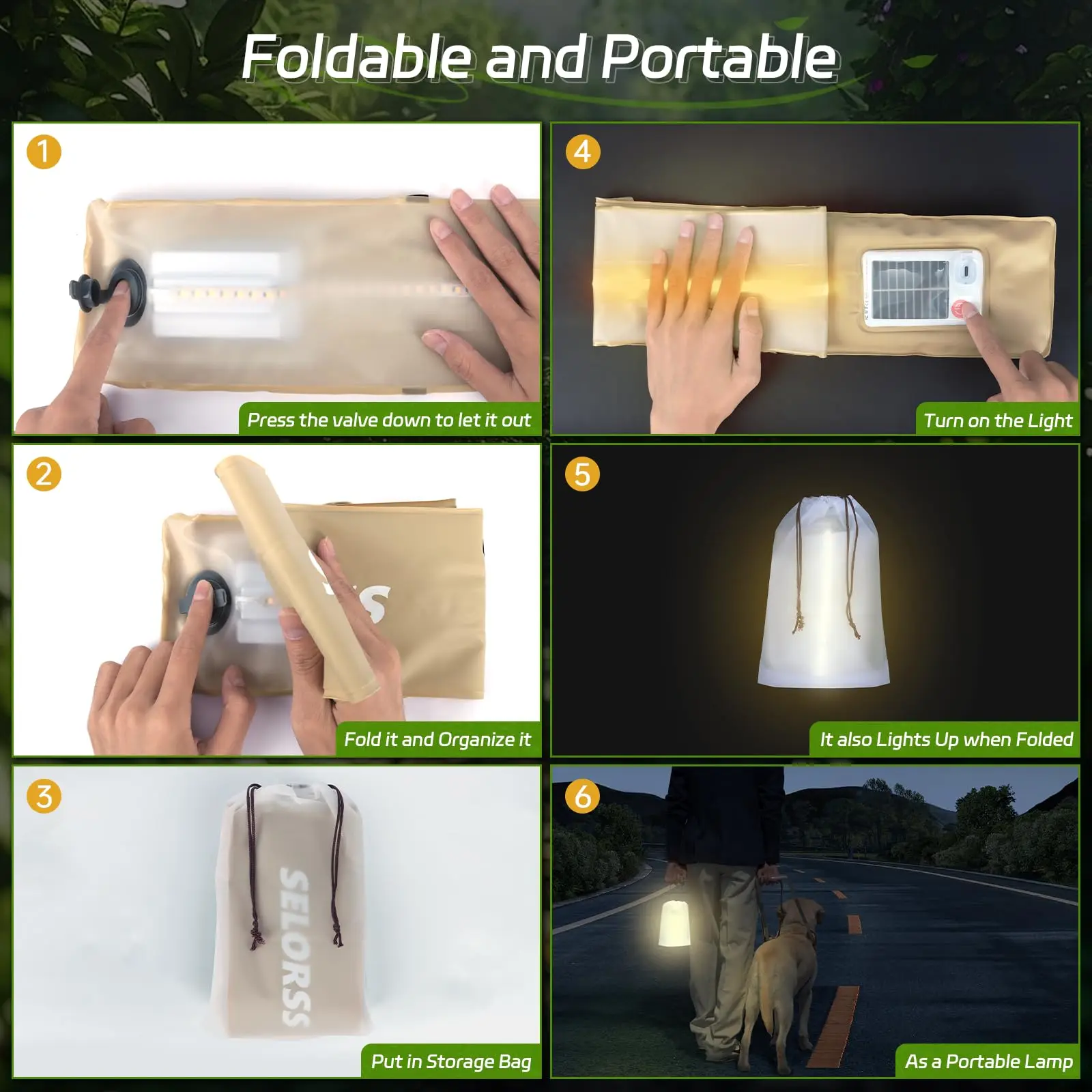 Selorss Solar Camping Lantaarn 2000Mah Opvouwbare Draagbare Camping Licht Waterdicht 3 Warm Licht Voor Wandelen Camping Vis Usb-Type C