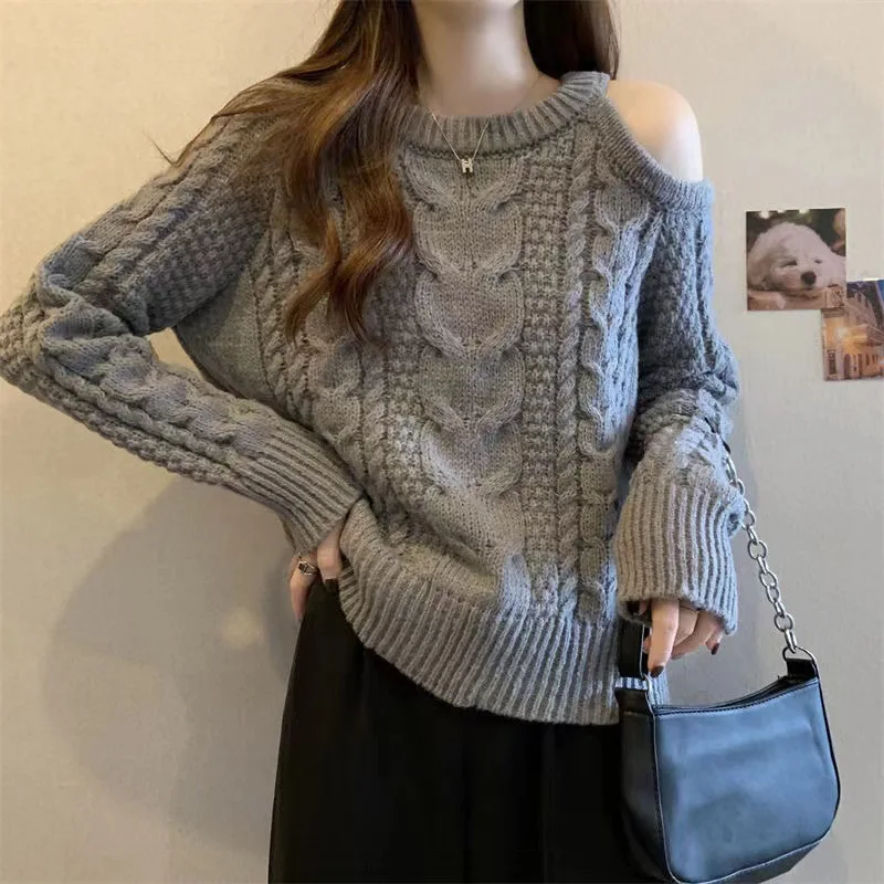 

Корейская японская повседневная базовая рубашка с открытыми плечами и длинными рукавами, гонконгский ретро толстый вязаный свитер, трикотаж